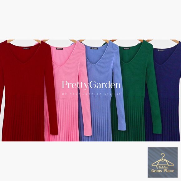 Long Sleeve V-Neck Ribbed Knit Pleated Maxi Sweater Dress - Picture 7 of 7